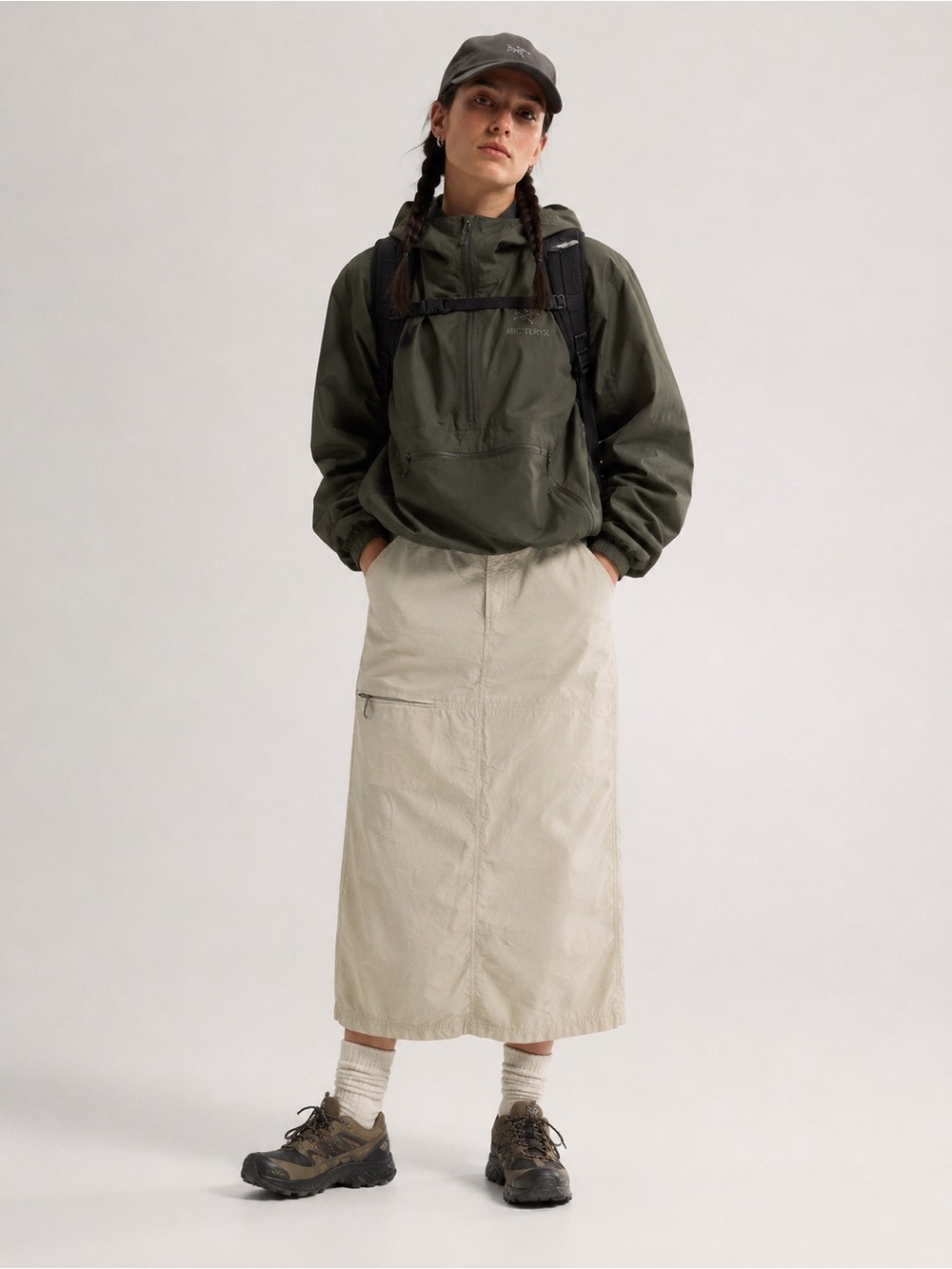 Vintage Utility Cargo Midi Skirt Beige Gorpcore Hiking Outdoor Minimalist Pocket - Picture 1 of 8